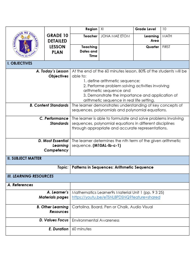 Grade 10 Math Lesson on Arithmetic Sequences | PDF | Sequence | Mathematics