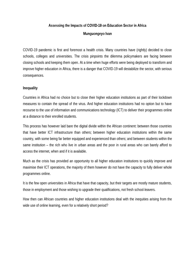 Assessing The Impacts of COVID On Education Sector | PDF | Unemployment ...