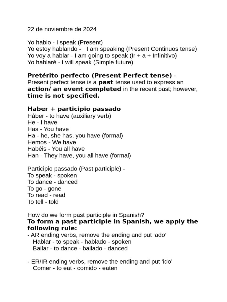 Preterito Perfecto in Spanish Explained | PDF - Scribd