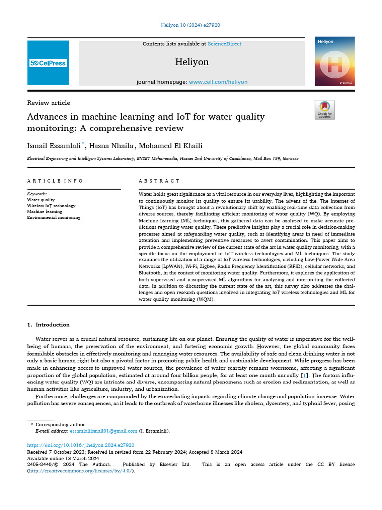 IoT and ML Advances in Water Quality Monitoring | PDF | Internet Of ...