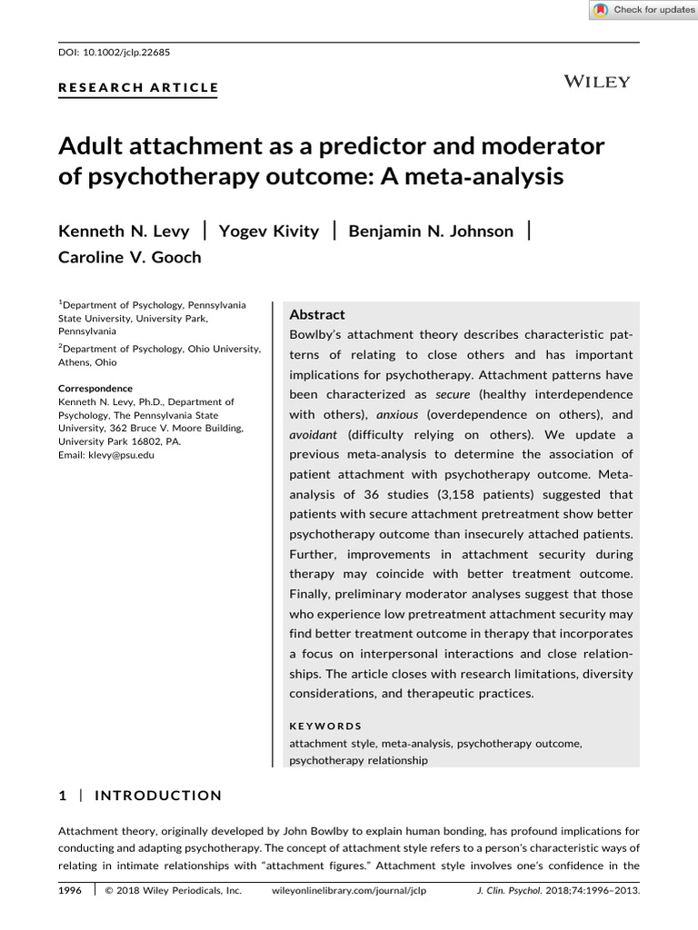 J Clin Psychol - 2018 - Levy - Adult Attachment As A Predictor and ...
