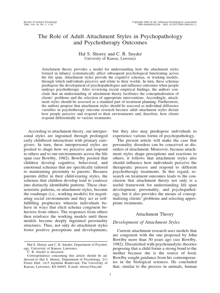 The Role of Adult Attachment Styles in Psychopathology and ...