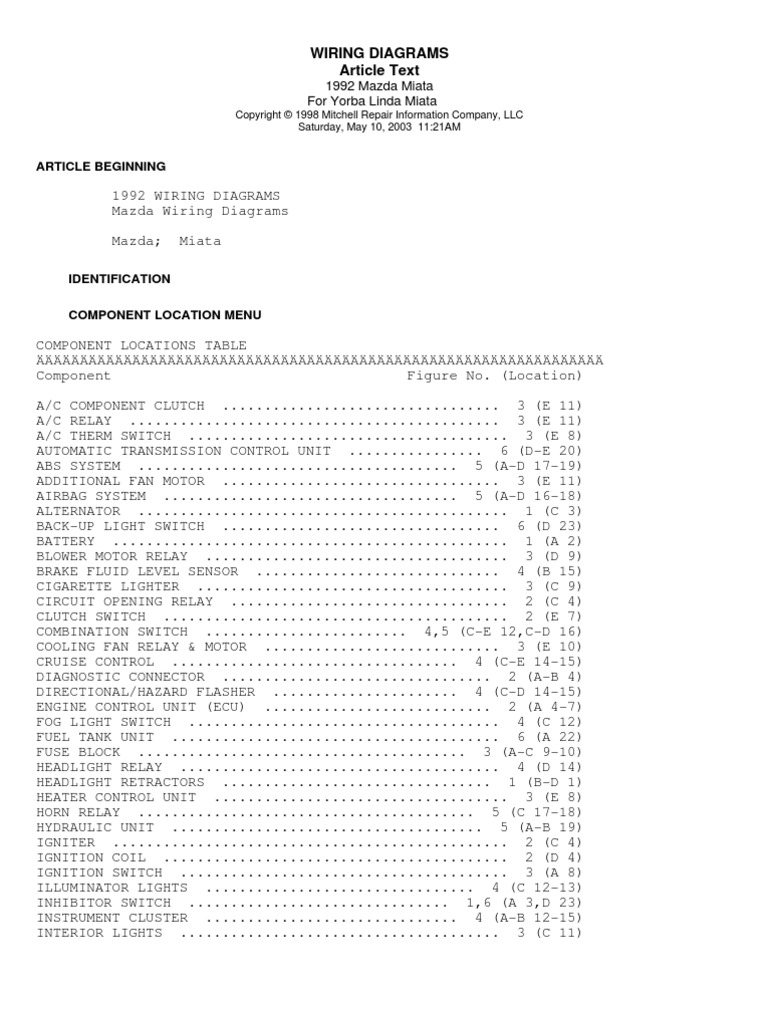 1992 Mazda Miata Car Wiring Diagrams