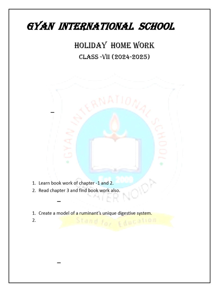 Class VII Holiday Homework 2024-2025 | PDF