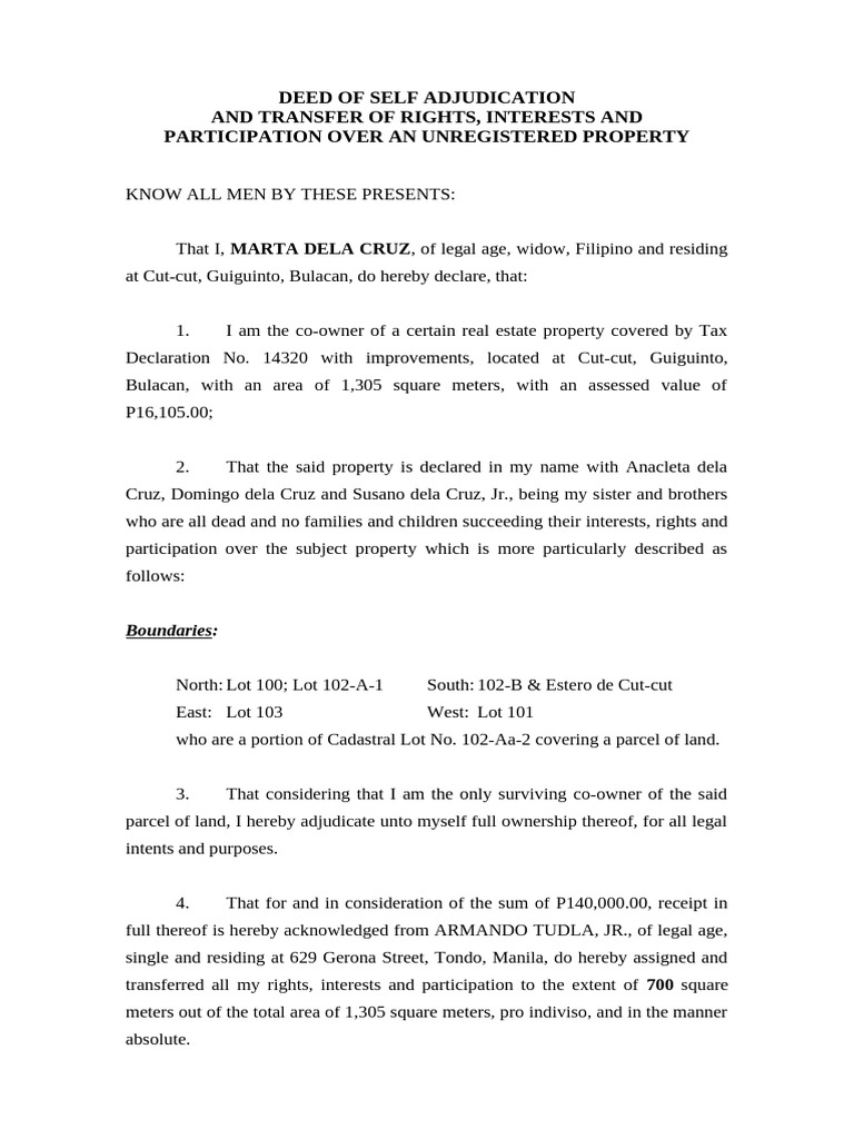 Self-Adjudication and Property Transfer Document | PDF | Natural ...