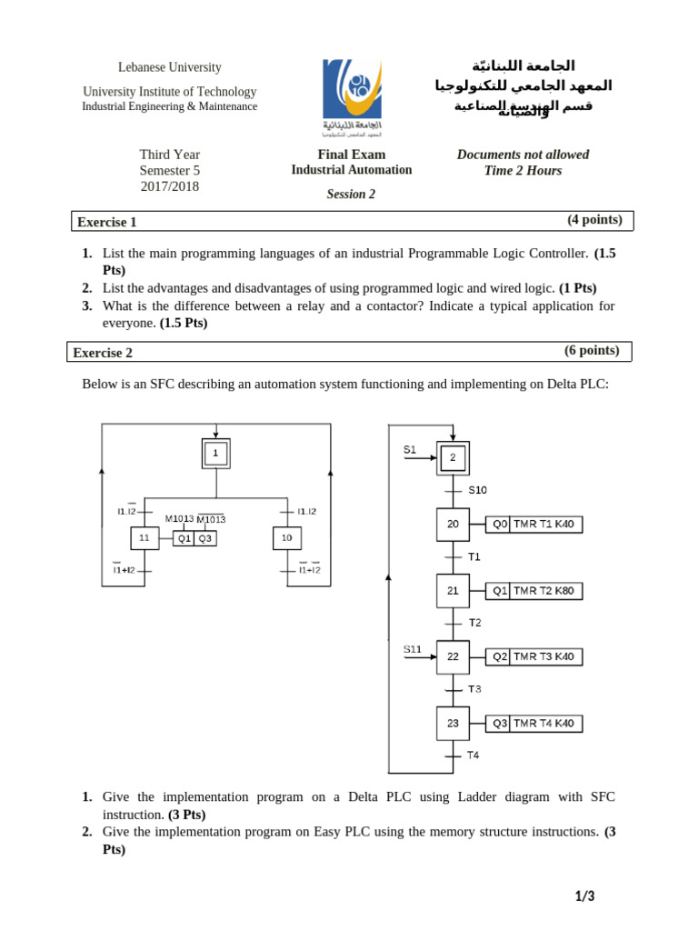 Industrial Automation Exam - PLC Programming | PDF | Programmable Logic ...