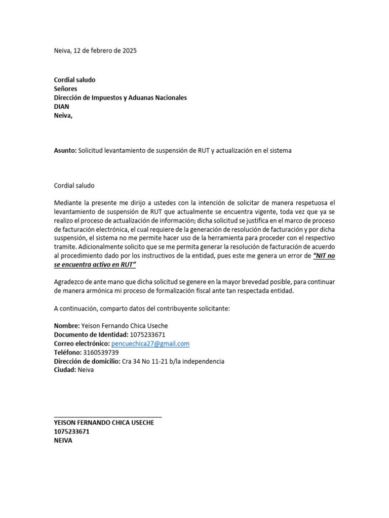 Solicitud Levantamiento de Suspensión RUT | PDF