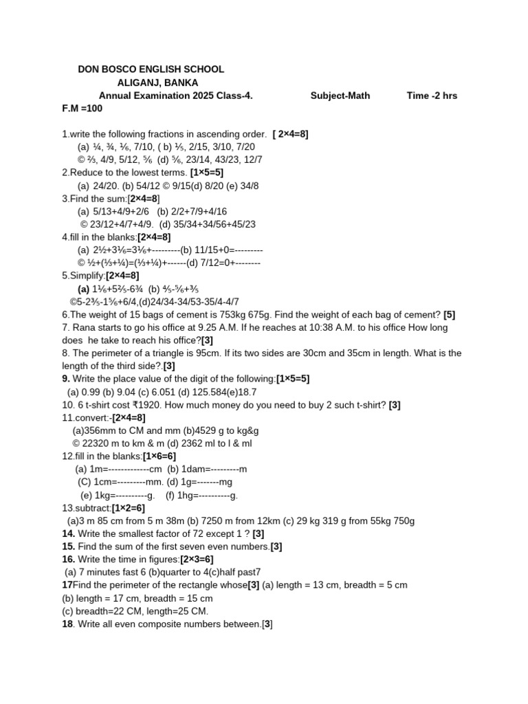 Class 4 Math Exam Paper 2025 | PDF