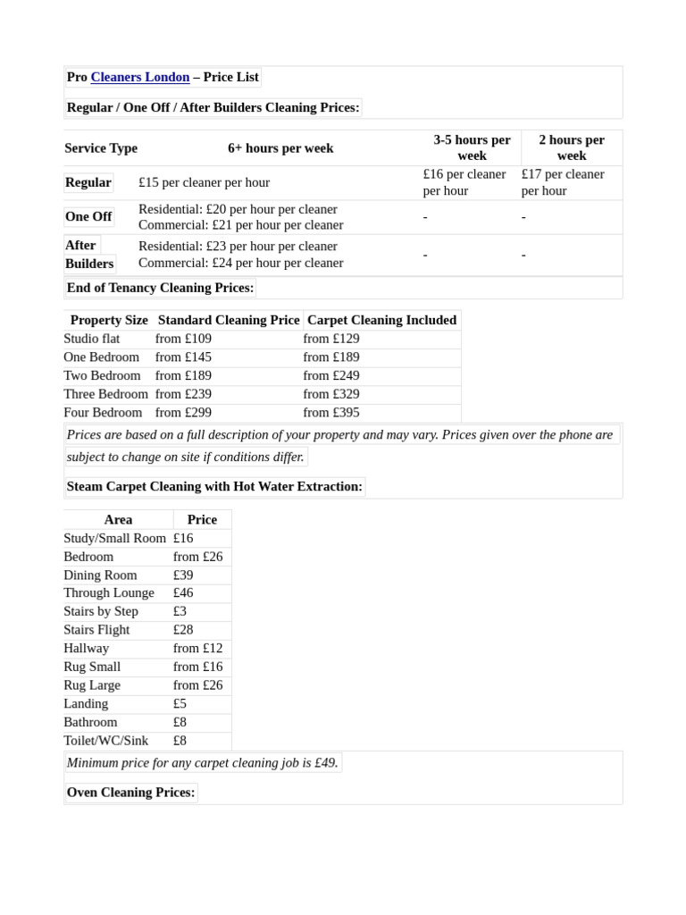 Pro Cleaners London Pricelist | PDF | Bedroom | Interior Design