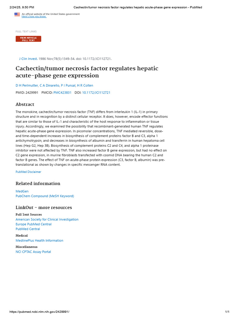 Cachectin - Tumor Necrosis Factor Regulates Hepatic Acute-Phase Gene ...