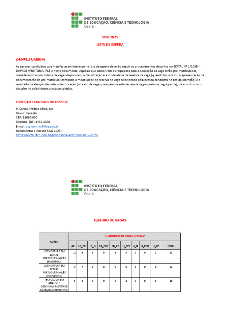 Lista de Espera SISU 2025 - IFCE Umirim | PDF | Estágios educacionais ...