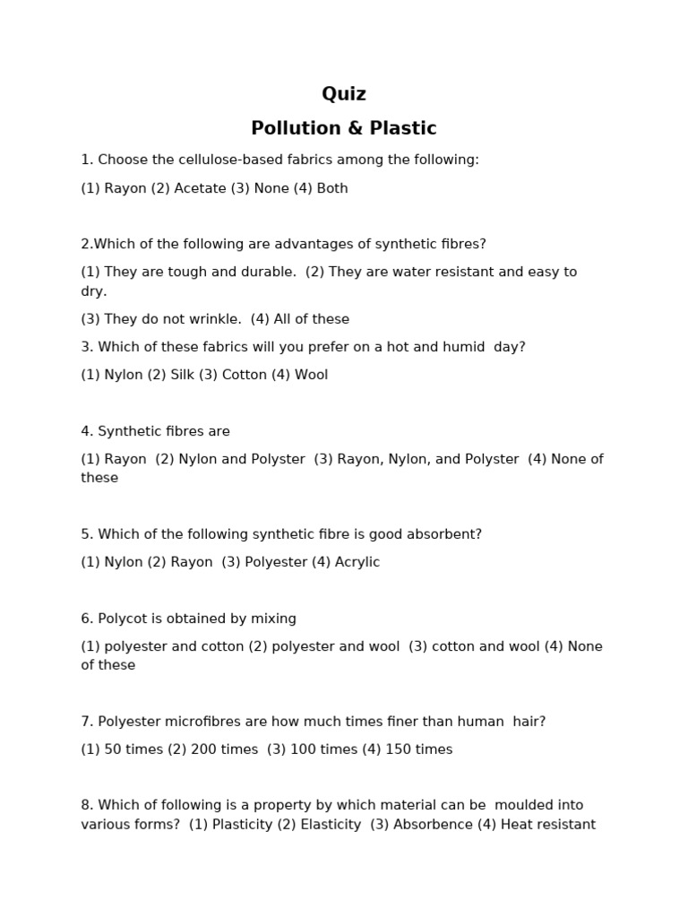 Pollution and Plastic Quiz Questions | PDF | Atmosphere Of Earth ...