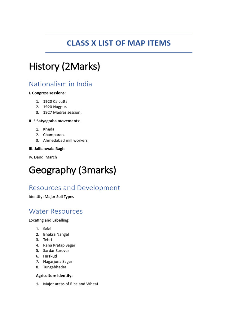 Class 10 Geography Map Items List | PDF