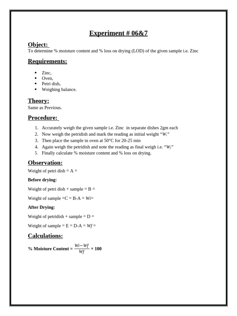 Zinc Moisture Content Experiment 067 | PDF