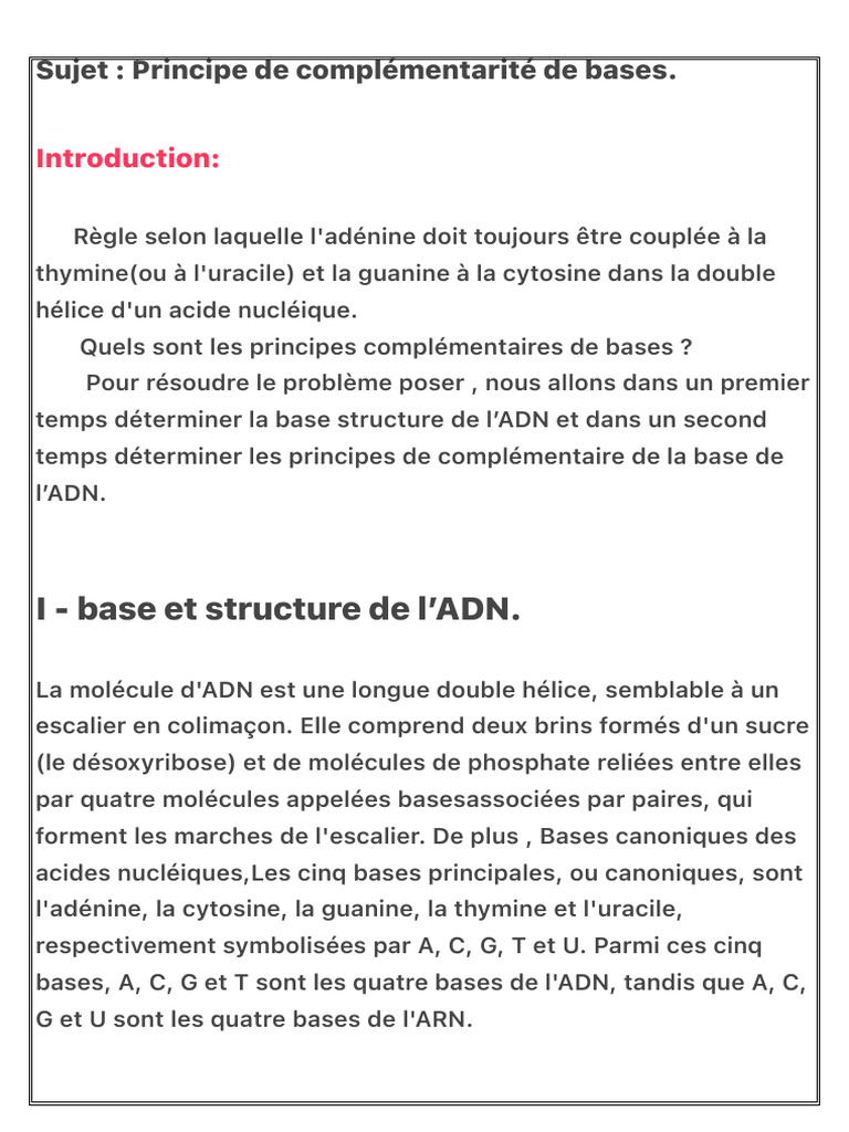 Complémentarité des bases en ADN | PDF