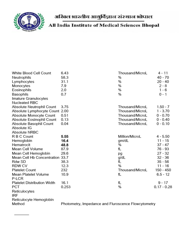 AIIMS Bhopal Hematology Report | PDF | Medical Specialties | Anatomy