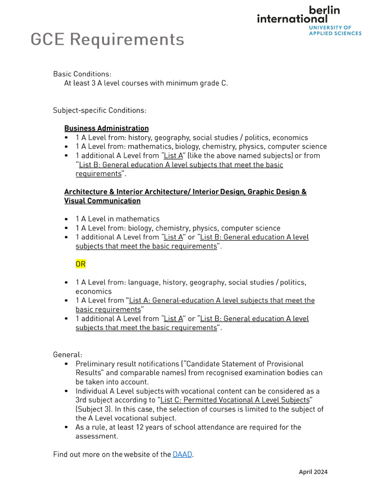 Gce-Requirements 2024 Eg3qiQY | PDF
