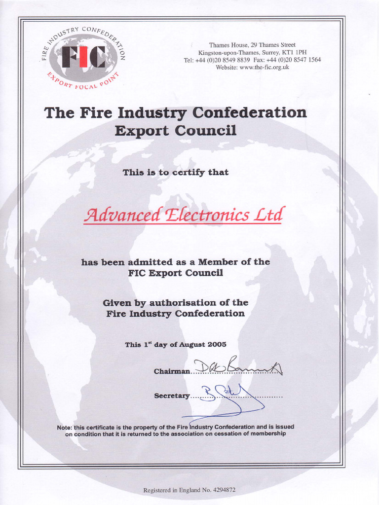 FIC Certificate To Advance Electronics LTD | PDF
