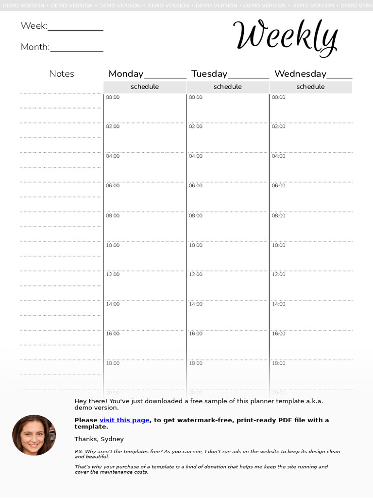 Weekly Hourly Planner With Notes Section-A4 | PDF