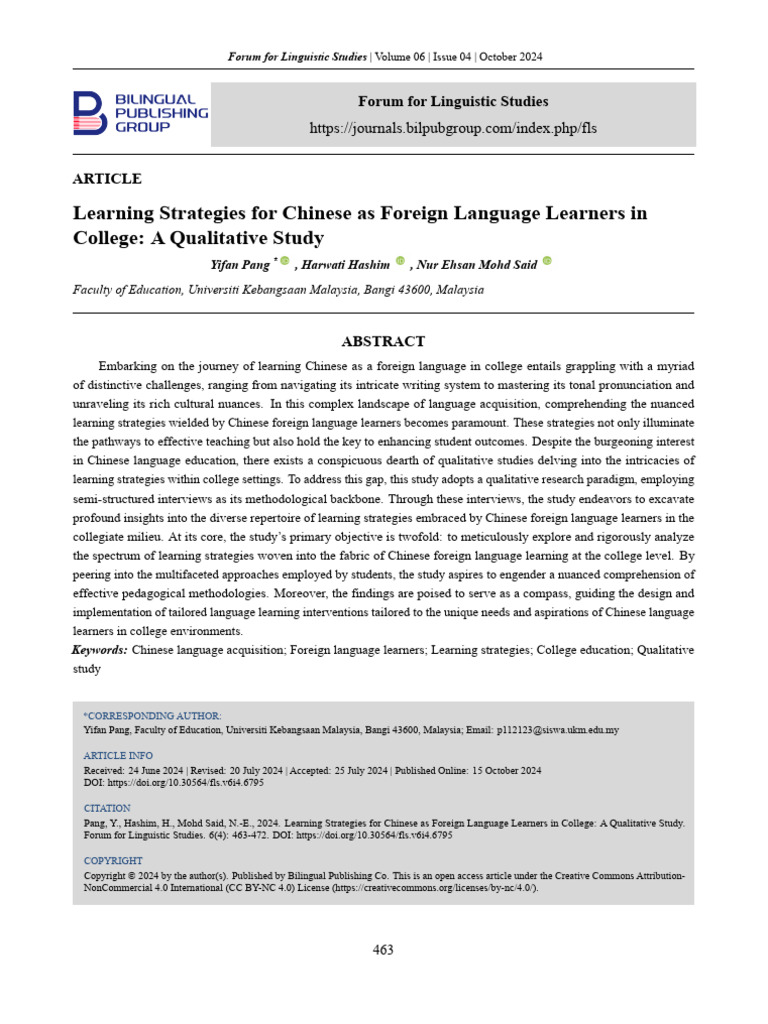 Learning Strategies For Chinese As Foreign Language Learners ...