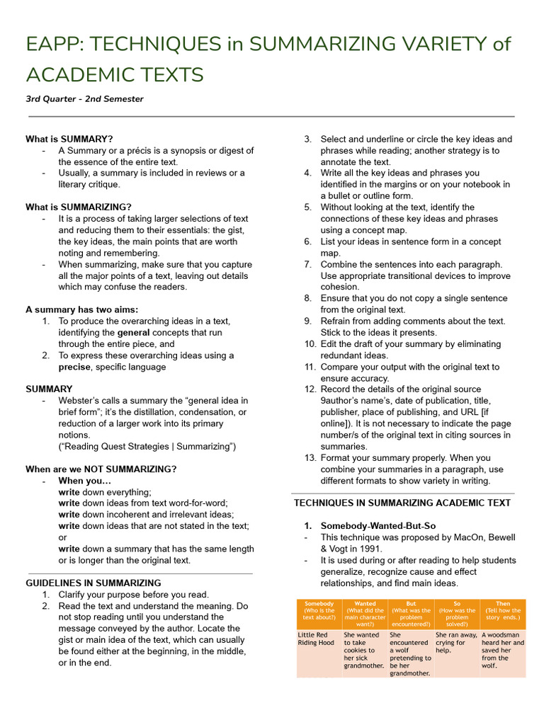 Techniques for Summarizing Academic Texts | PDF