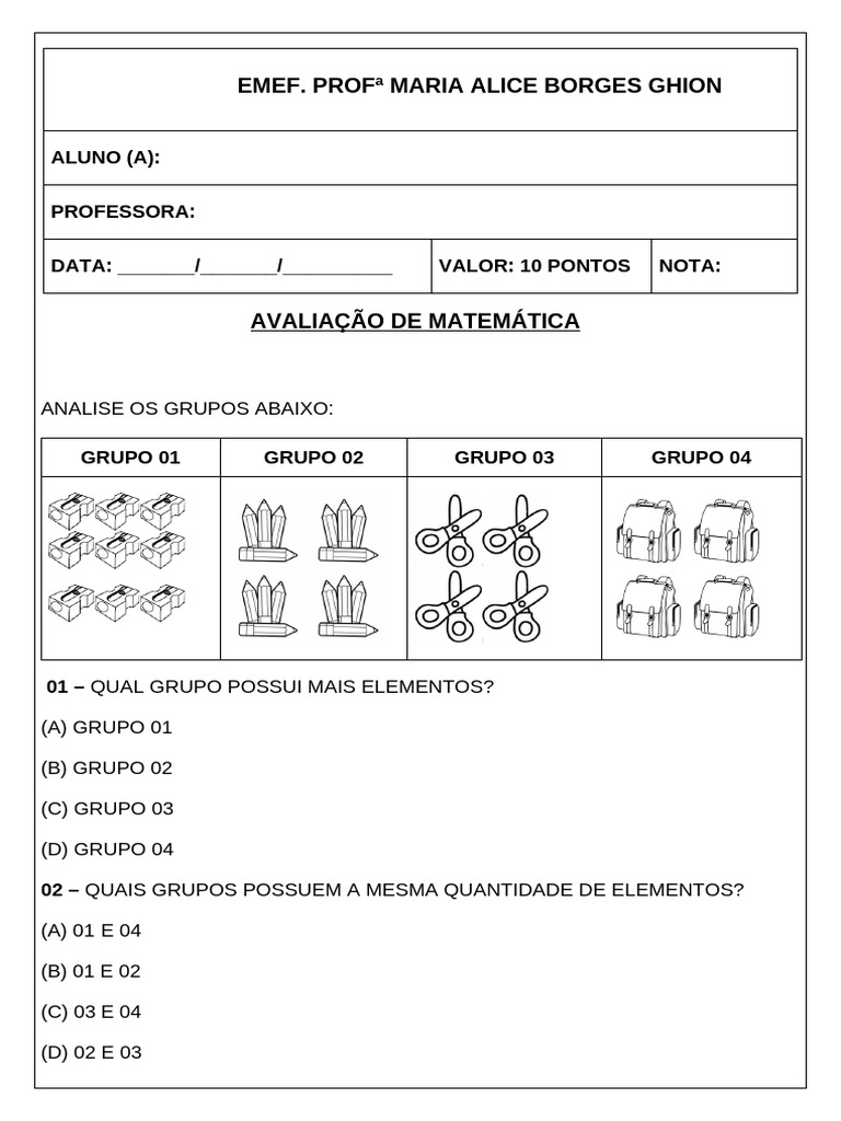 Avaliação de Matemática - EMEF Maria Alice | PDF