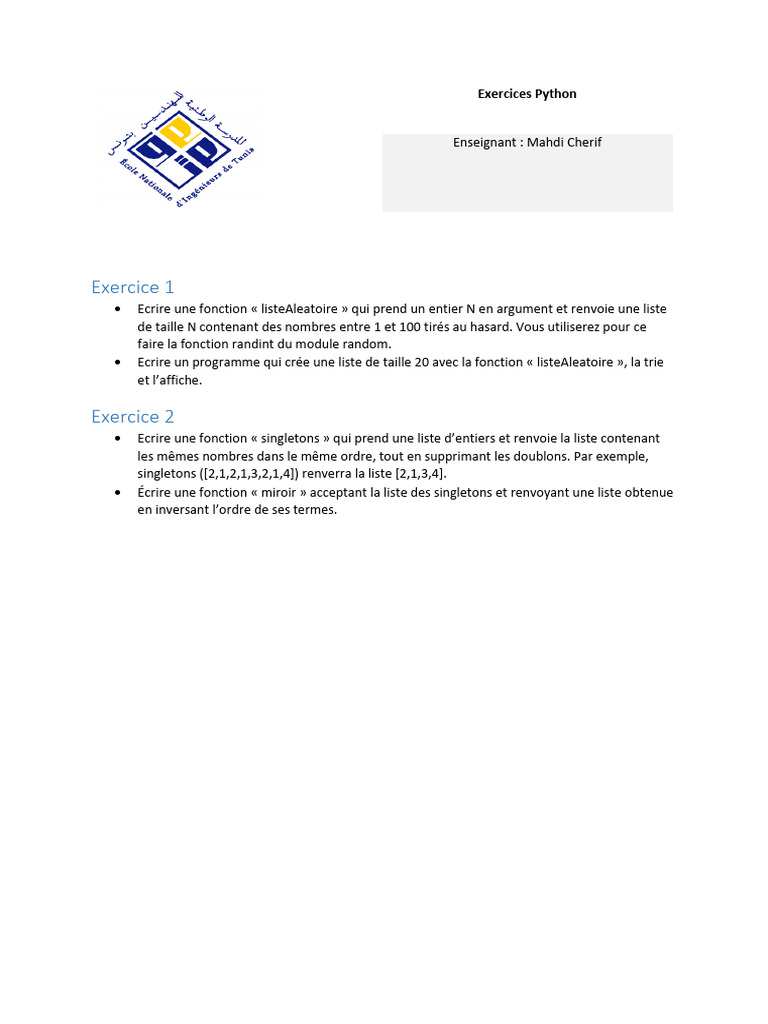 Exercices Python sur les listes | PDF