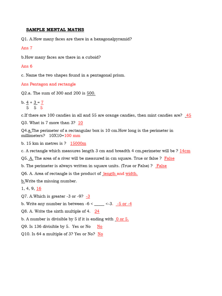 Grade 3 Mental Maths Sample Questions | PDF