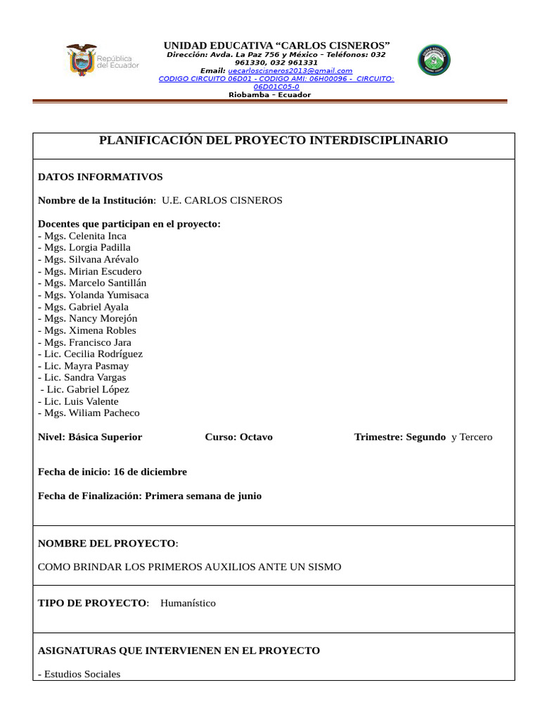 Primeros Auxilios en Sismos: Proyecto Educativo | PDF | Estadísticas ...