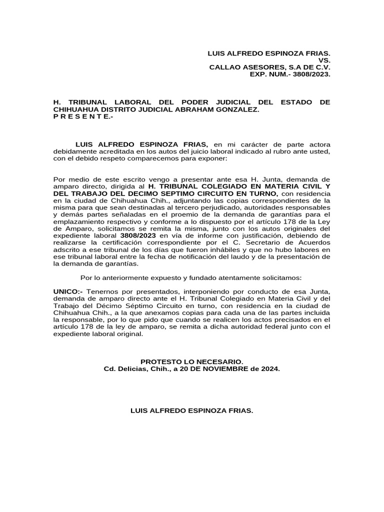 Demanda de Amparo Directo 3808/2023 | PDF | Caso de ley | Debido al proceso