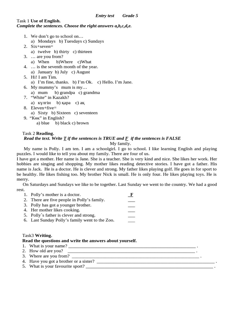 Grade 5 English Entry Test Questions | PDF