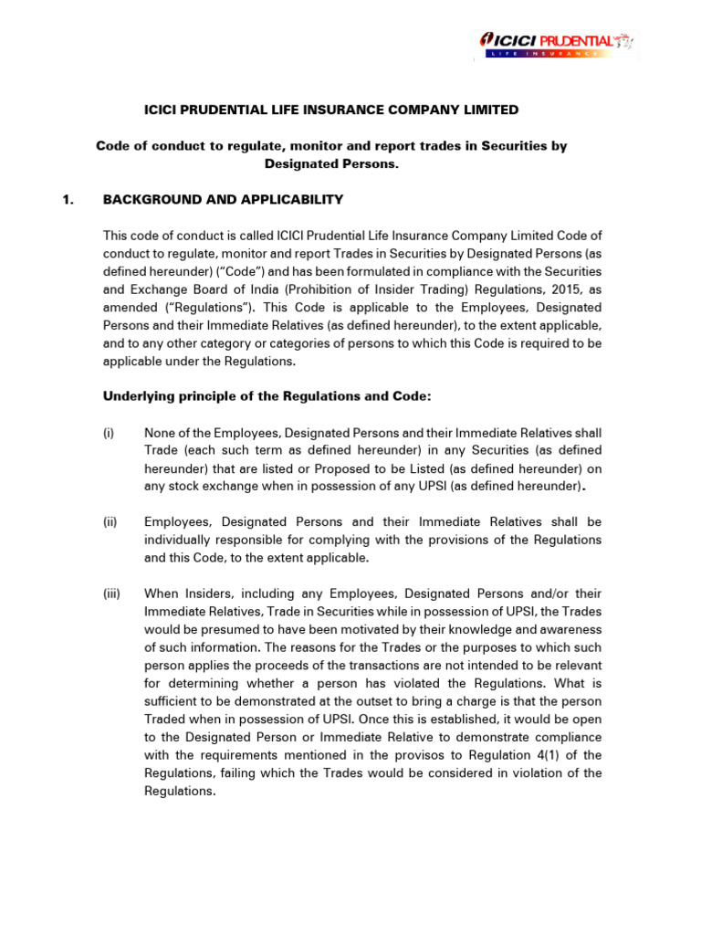 ICICI Prudential Insider Trading Code | PDF | Regulatory Compliance ...
