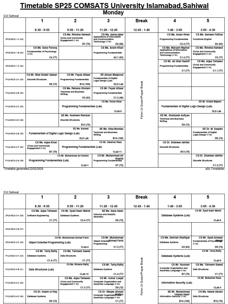 CUI Sahiwal Timetable 2025 | PDF | Computing