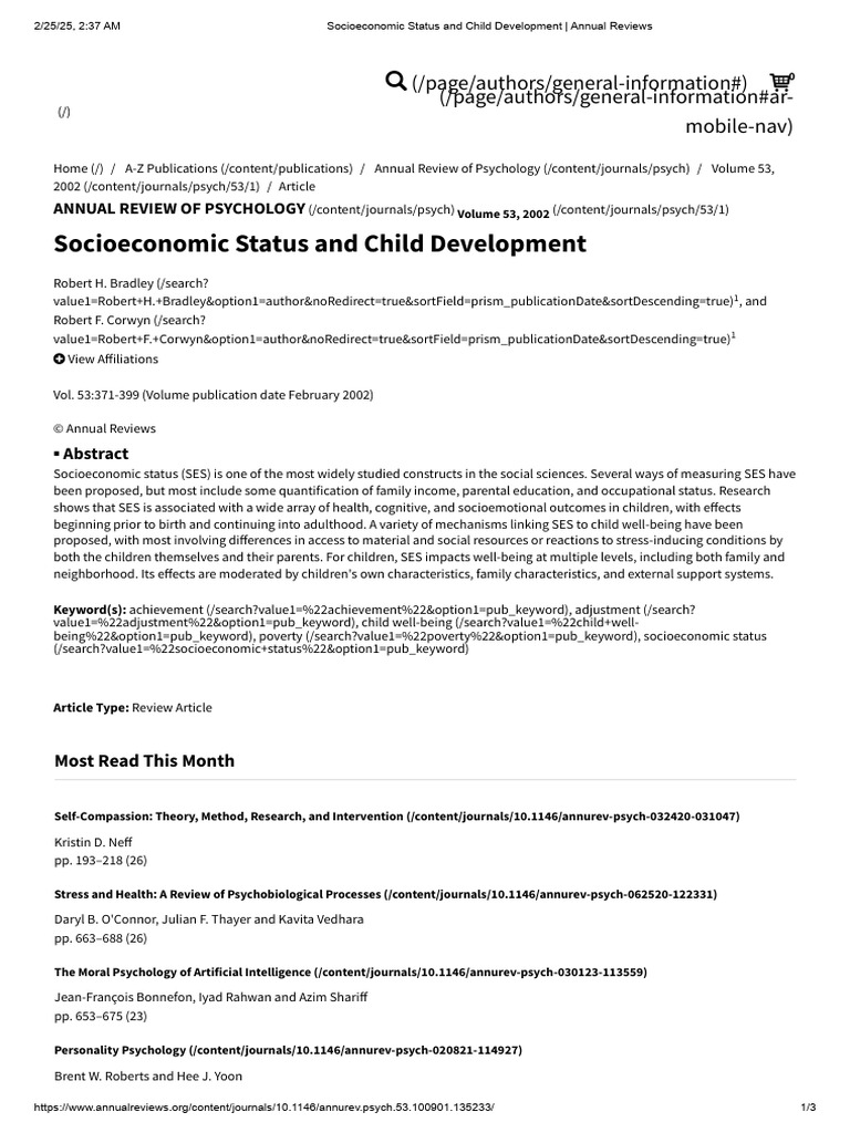 Socioeconomic Status and Child Development - Annual Reviews | PDF ...