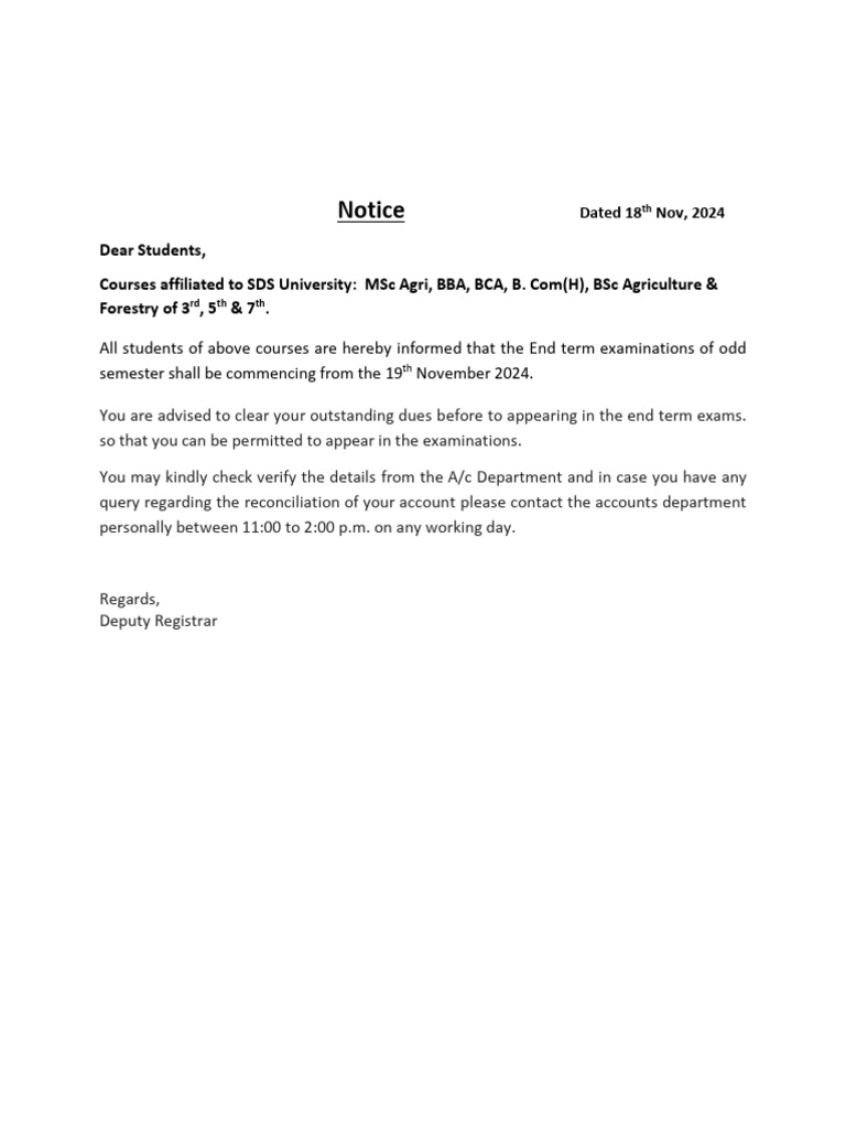 Fee Notice Dated For End Term Exam Odd Semester (SDSU) 24-25 | PDF