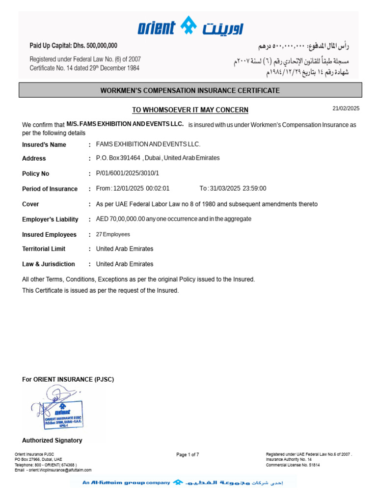 Workmen's Compensation Insurance Certificate | PDF