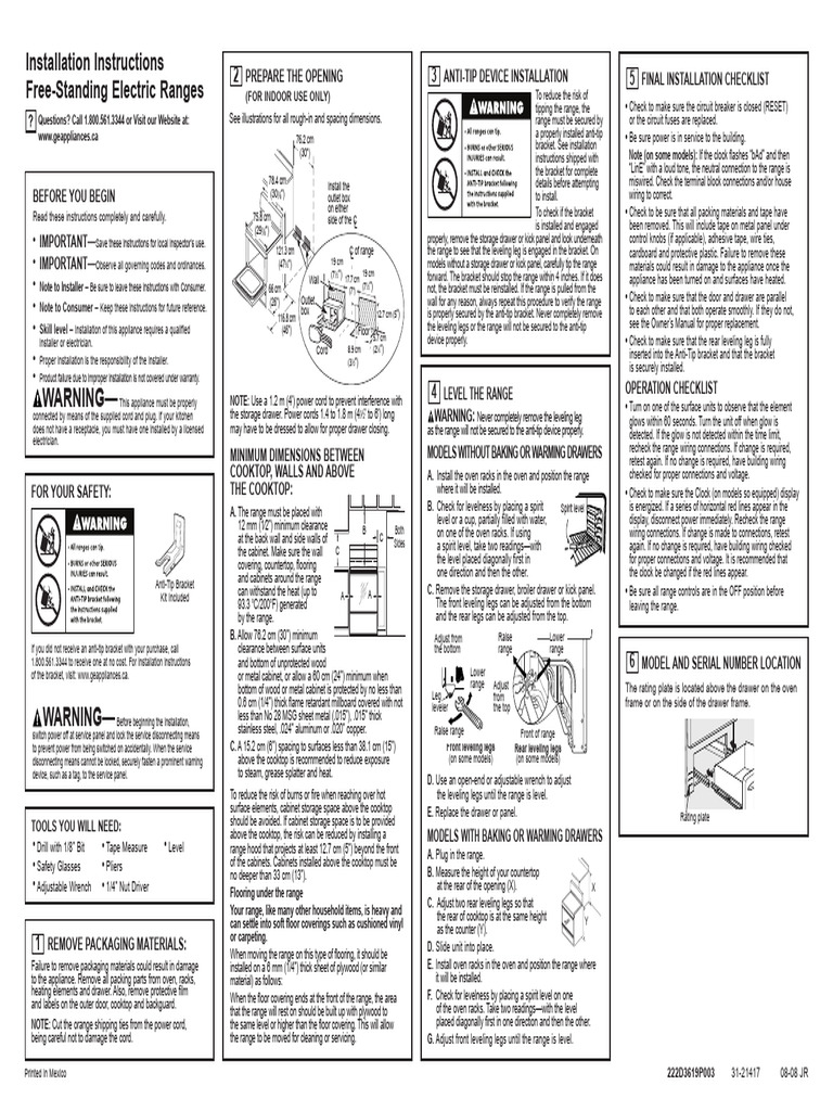 Kitchen - Range - Installation Instructions - Free-Standing Electric ...