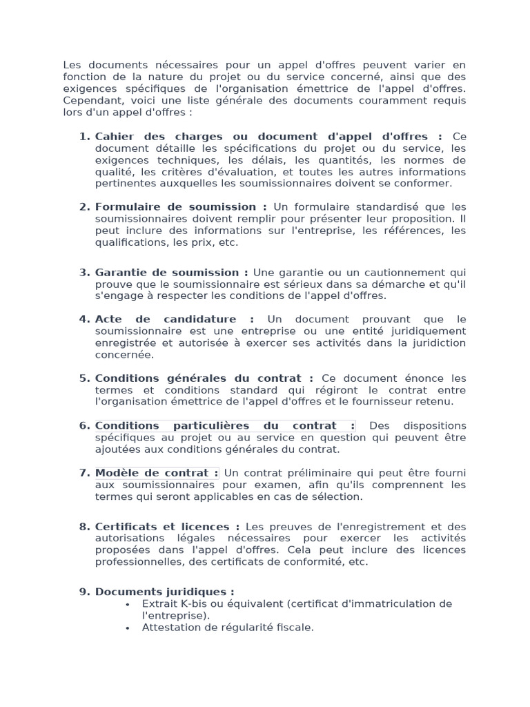Documents requis pour un appel d'offres | PDF