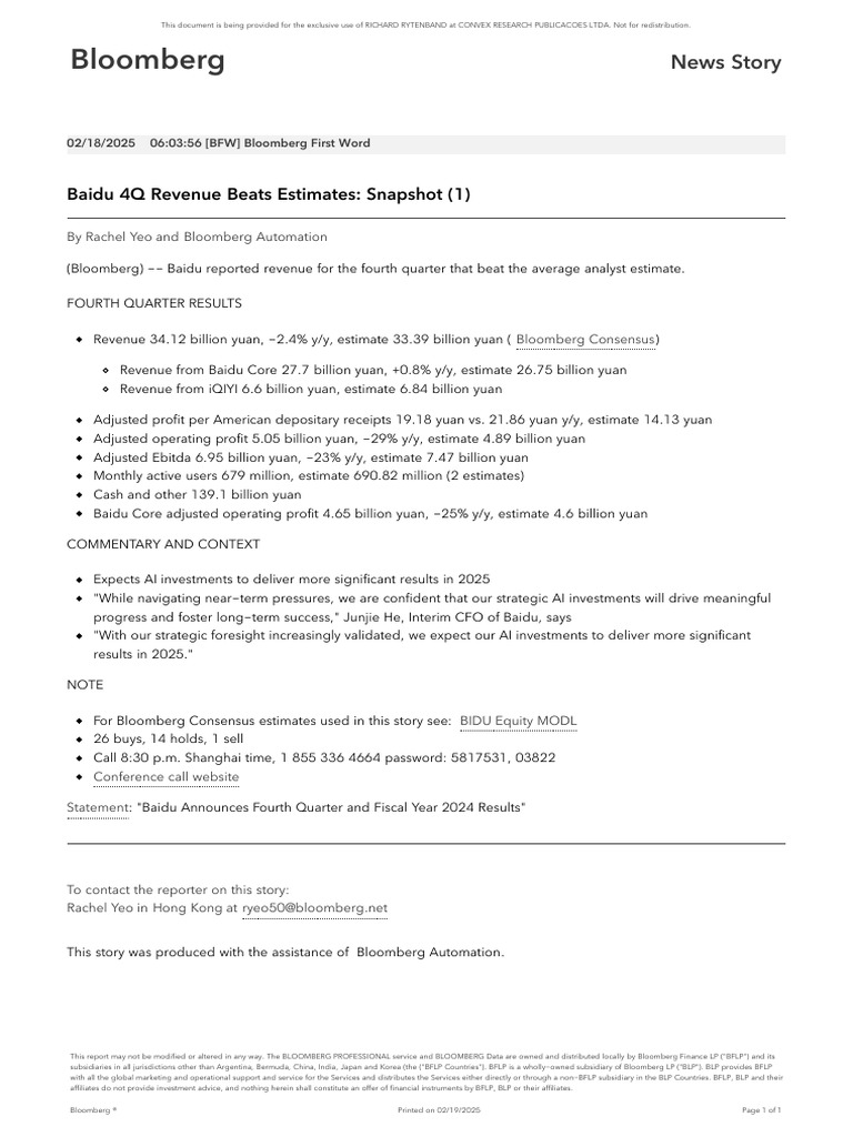 Baidu Q Revenue Beats Estimate | PDF | Baidu | Bloomberg L.P.
