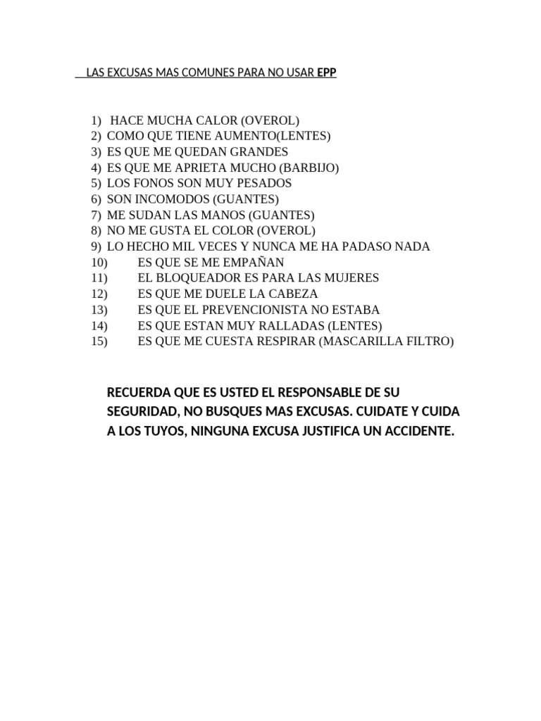 Excusas Comunes para No Usar EPP | PDF