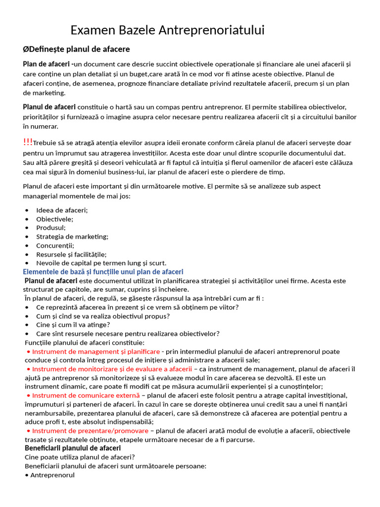 Examen Bazele Antreprenoriatului | PDF