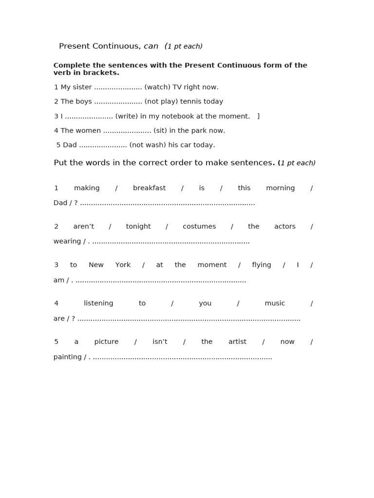 Present Continuous Tense Exercises | PDF