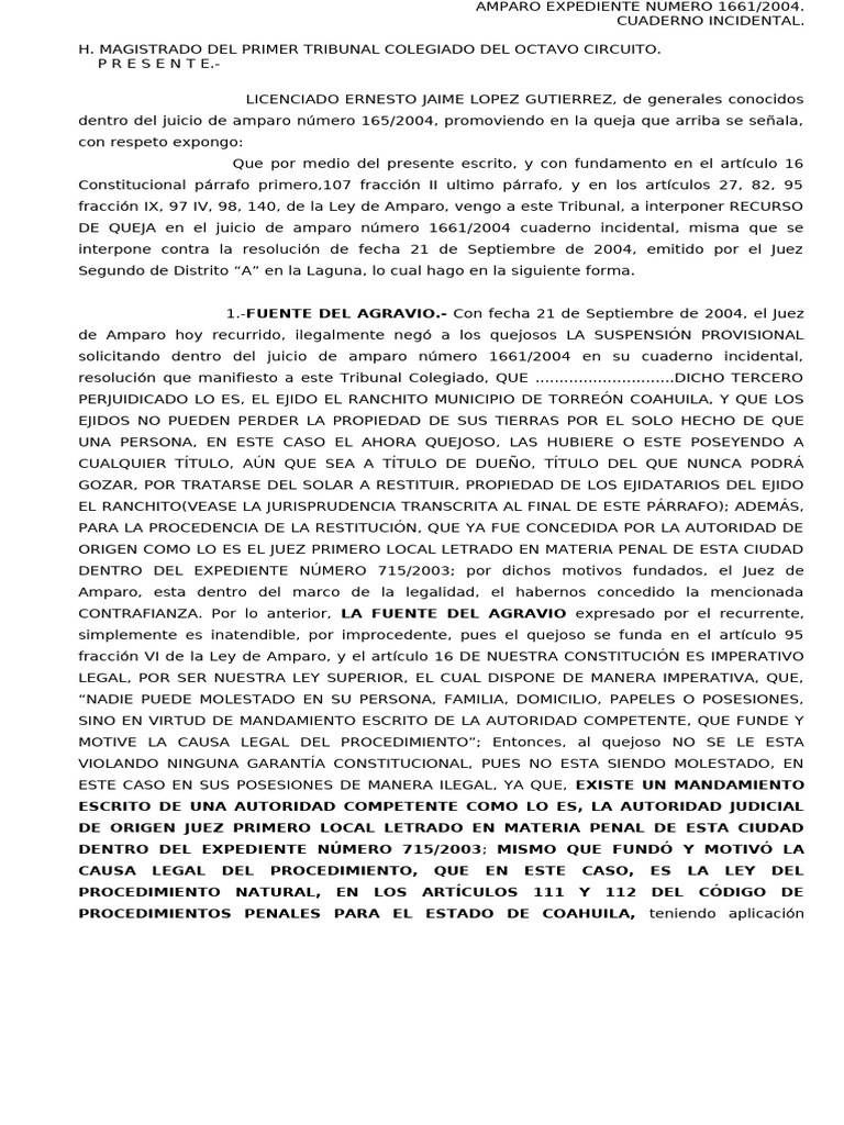 Recurso de Queja en Amparo 1661/2004 | PDF | Caso de ley | Ciencias ...
