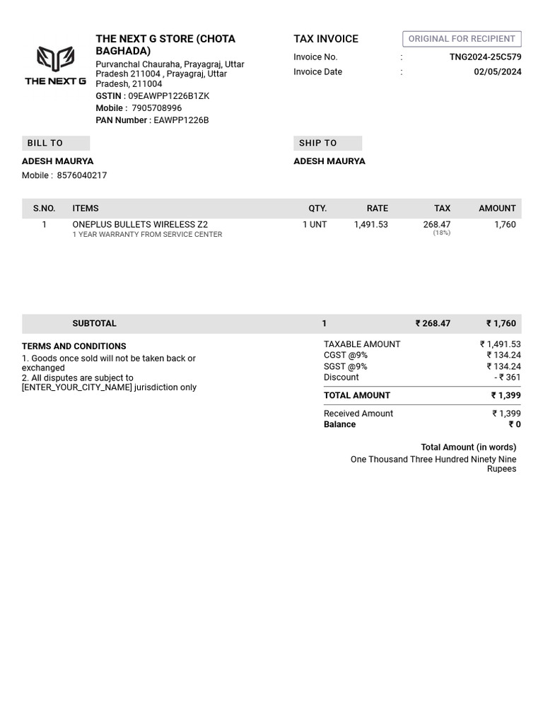 Invoice for OnePlus Bullets Wireless Z2 | PDF