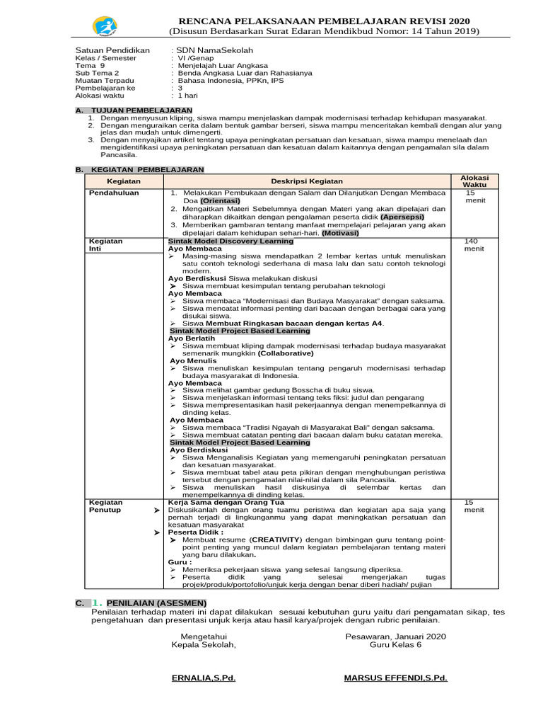 RPP 1L Rev2020 Kelas 6 Tema 9.2.3 (Ref Buku Tematik6 Kemdikbud Revisi ...