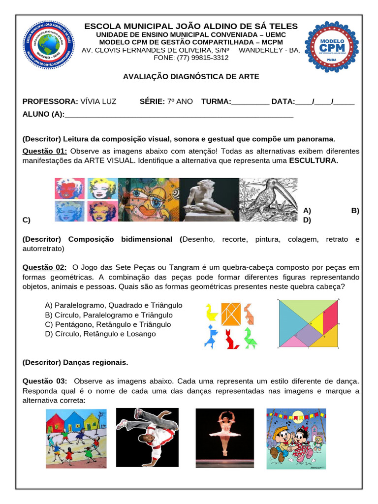Avaliação Diagnóstica de Arte 7º Ano | PDF | Arte abstrata | Desenho