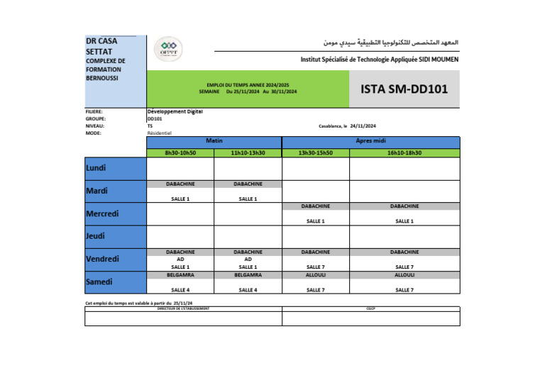 Emploi du temps ISTA Sidi Moumen 2024/2025 | PDF