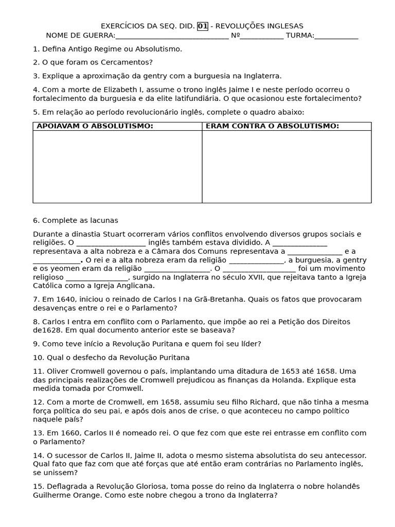 Exercícios sobre Revoluções Inglesas | PDF | Guerra Civil inglesa ...