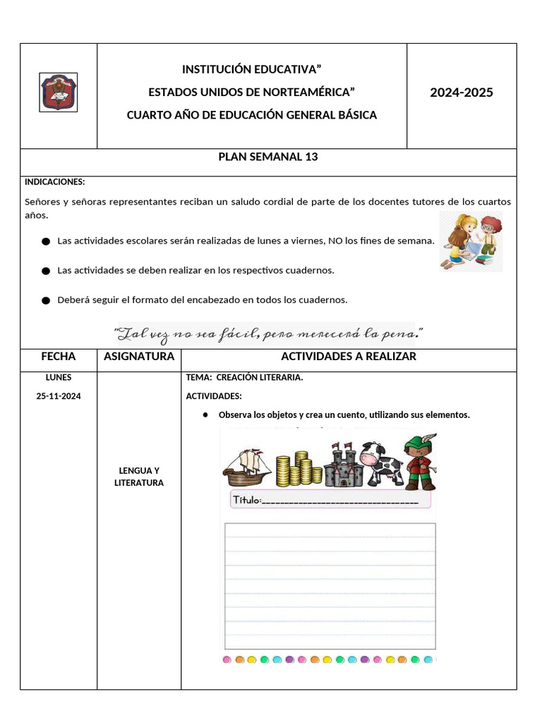 Plan Semanal Cuarto Año 2024 2025 Pdf
