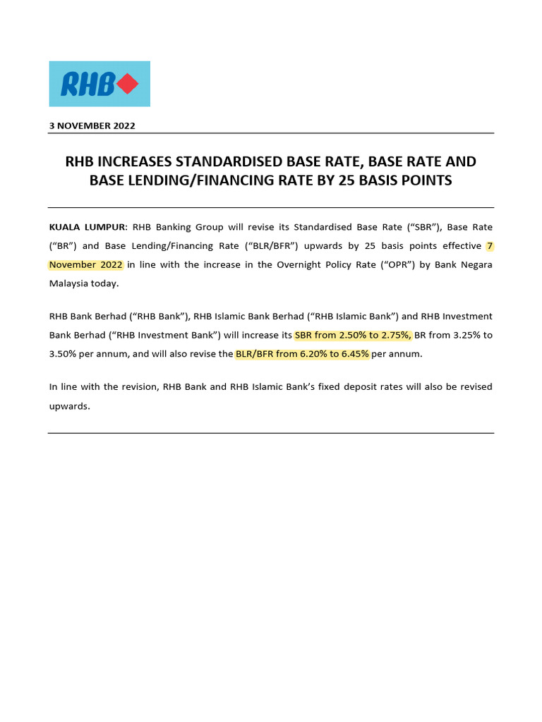 RHB Rate Increase Announcement 2022 | PDF